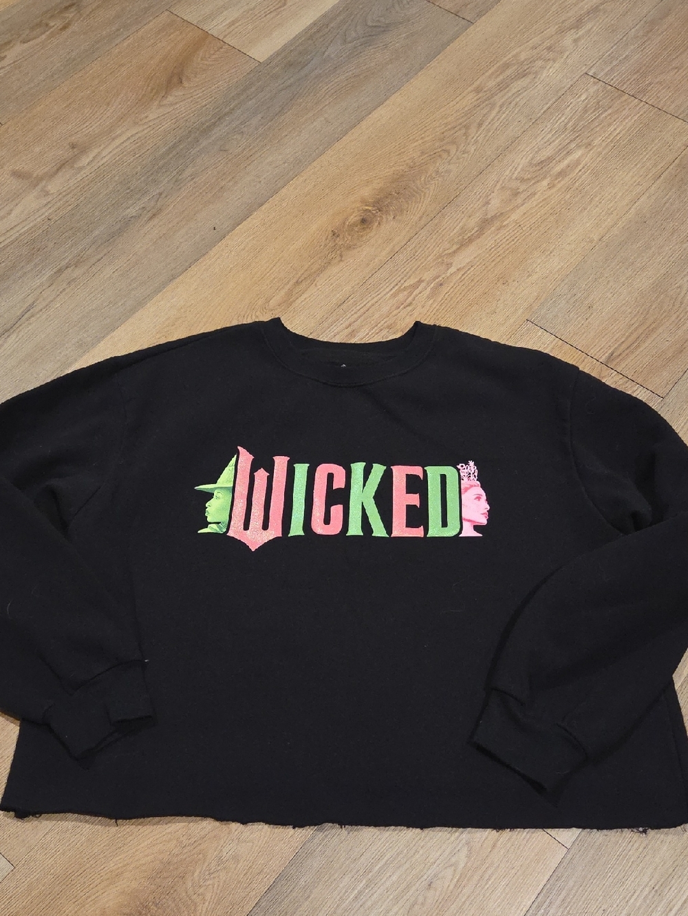 WICKED Graphic Crewneck Sweatshirt - Black with Pink & Green Logo Cropped